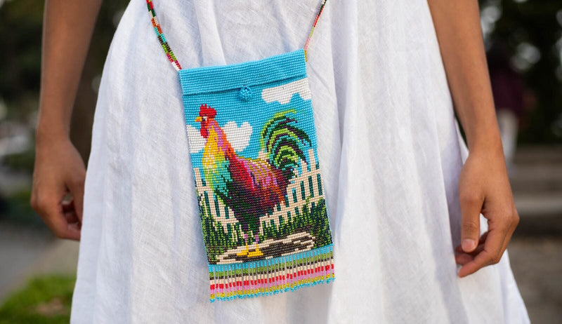 woman wearing burrito gallo rooster beaded purse shoulder bag Blue, White, Red, Yellow, Green, Pink fringe 