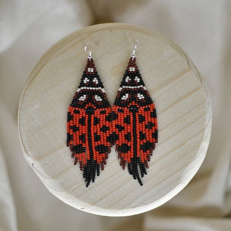 red black ladybug fringe beaded earrings