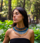 woman wearing beaded Cleopatra Choker neckalce blue black gold egyptian native american jewelry