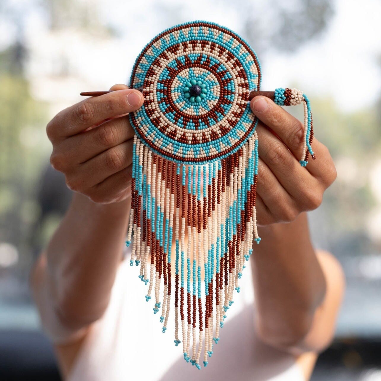 Handmade cream tiara round light blue brown white beaded hair barrette and pin statement piece native american jewelry