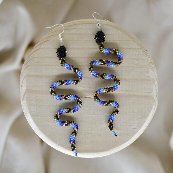 blue black gold slithering snake beaded earrings