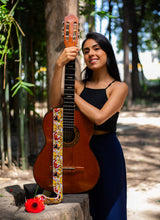 woman wearing El Mercado beaded Guitar strap white yellow brown red orange adjustable leather on guitar 