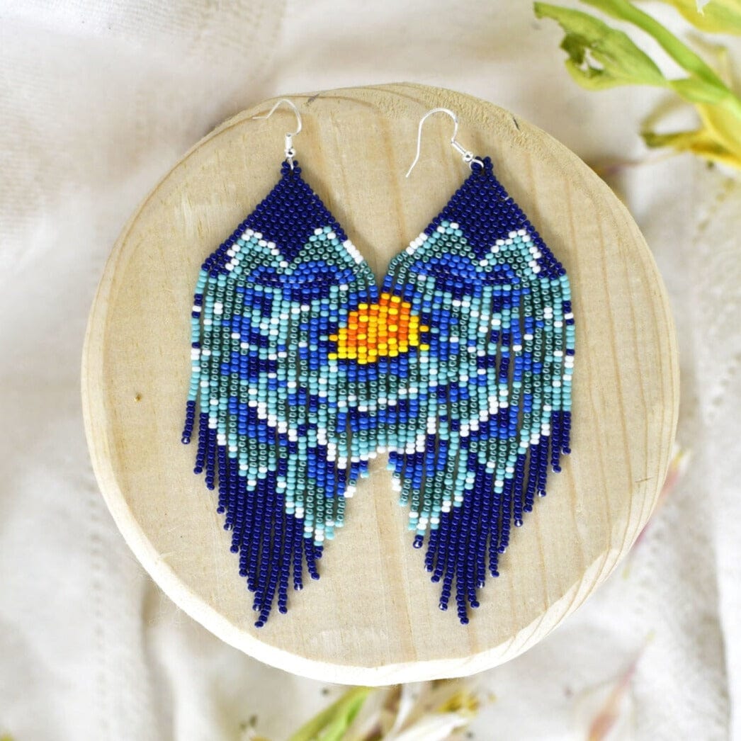 Flor De Agua beaded Earrings water lily blue orange yellow blossom flower fringe native american jewelry  Mother Sierra 