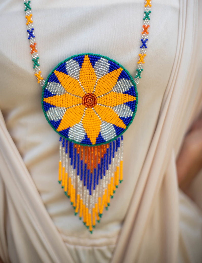 girasol blue silver yellow green beaded necklace pouch medicine bag fringe native american jewelry