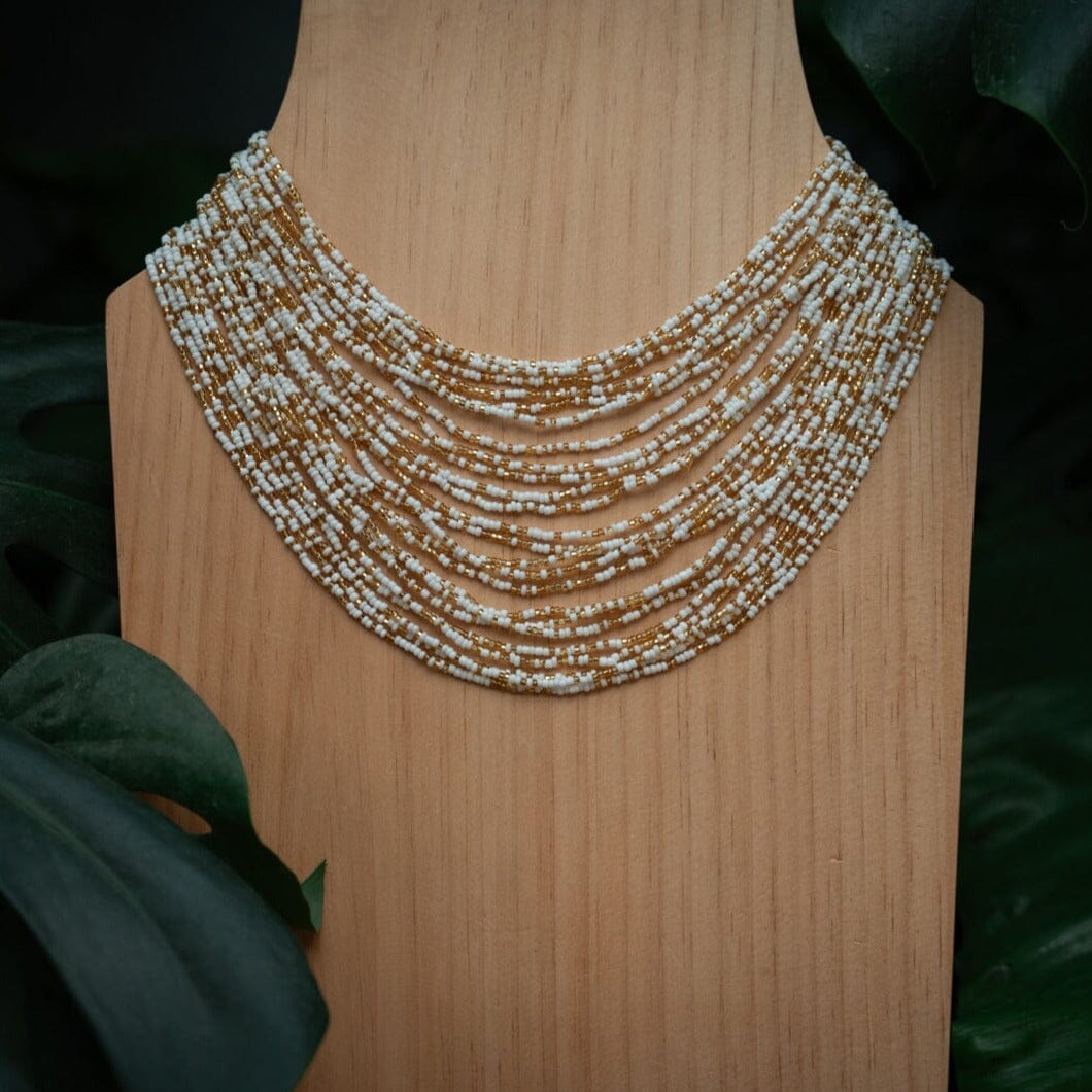 Handmade Golden Flakes vanilla nugget white gold beaded multi-strand Necklace, showcasing native American jewelry by Mother Sierra.