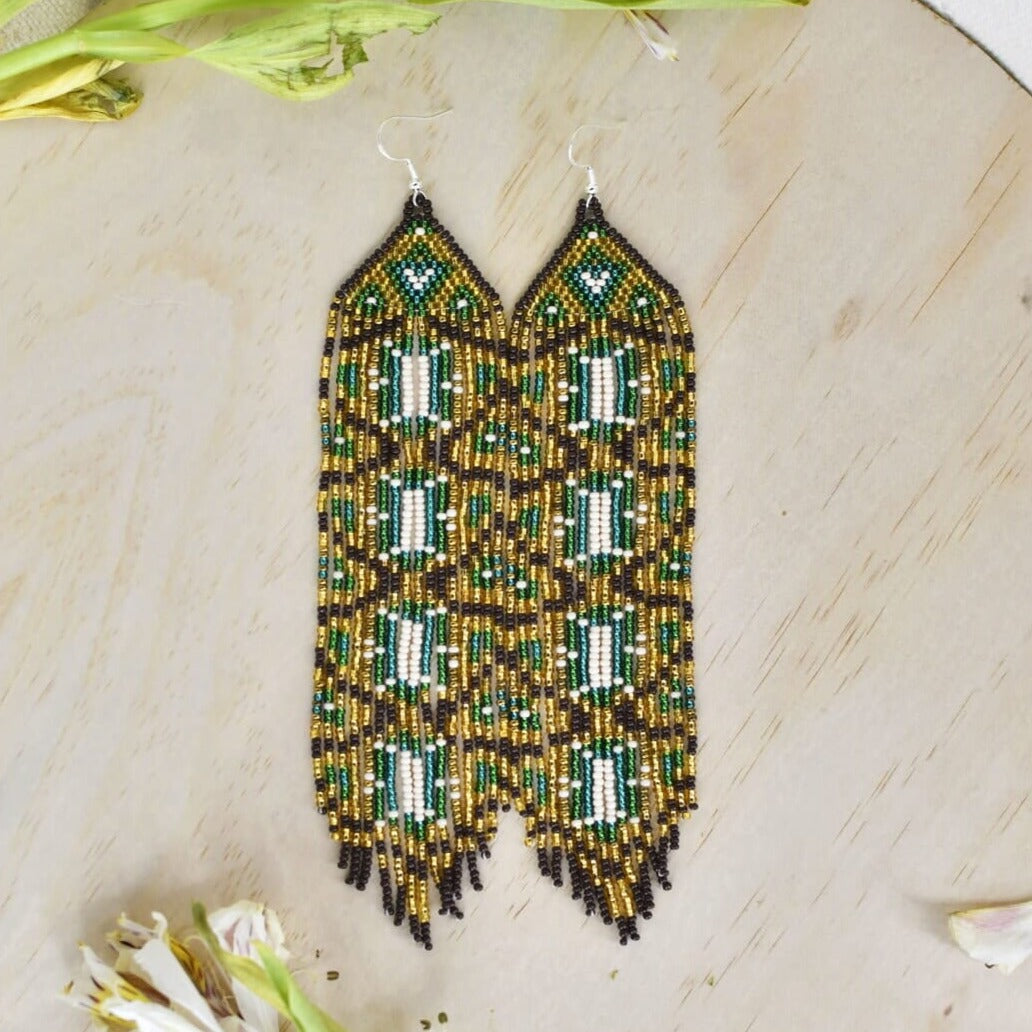 Golden Tapestry beaded fringe Earrings green brown white gold native american jewelry Mother Sierra 