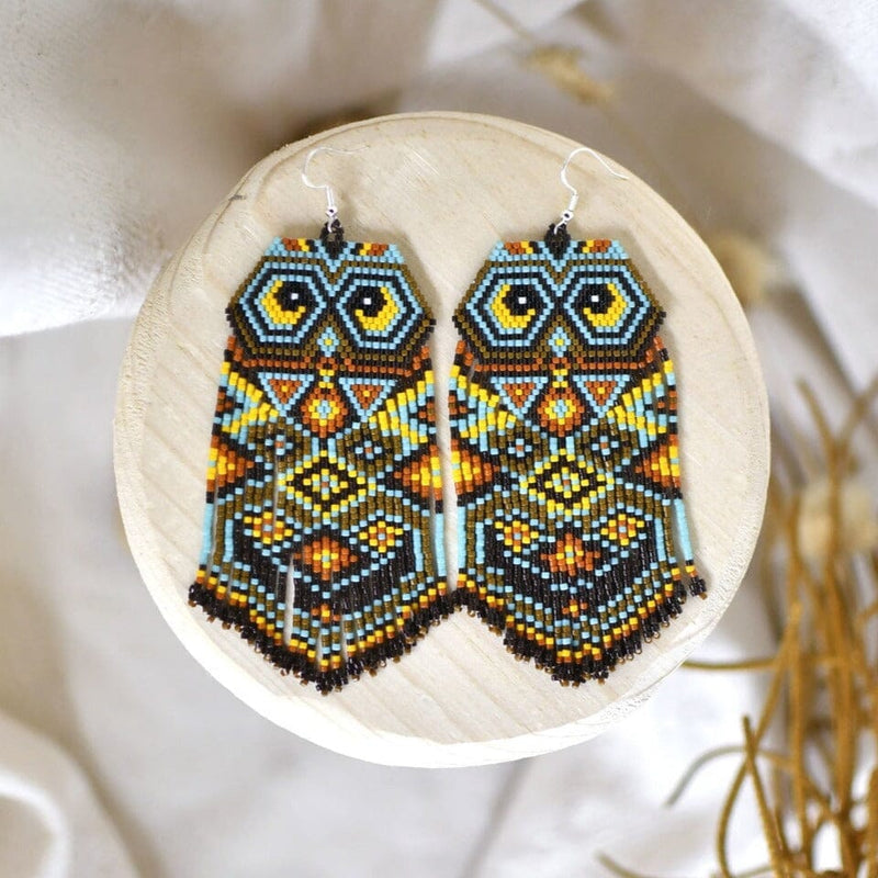 kamala owl blue yellow brown black beaded fringe earrings native american jewelry statement piece