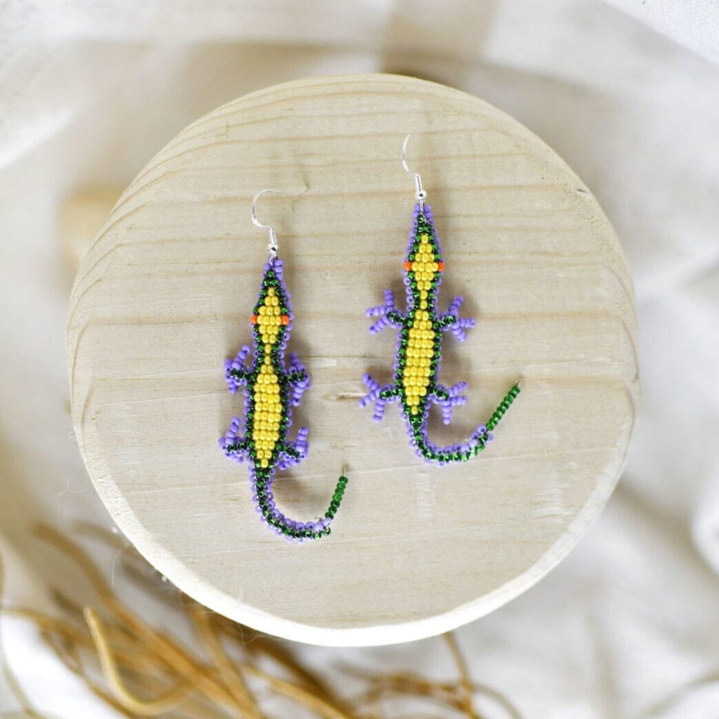 Kiwi beaded lizard animal Earrings purple yellow green native american jewelry Mother Sierra 