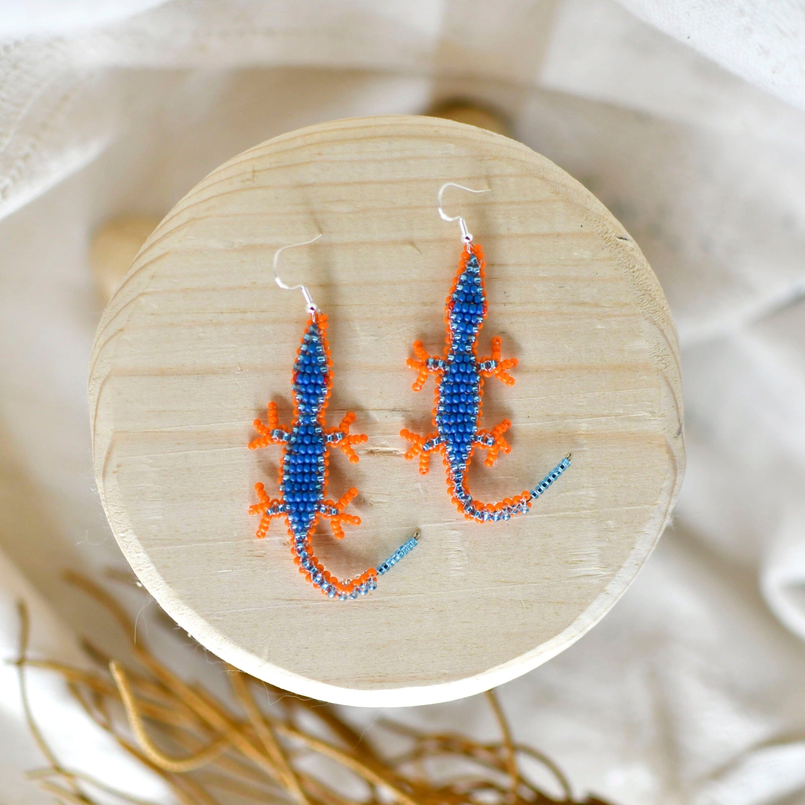 Lizzie lizard animal beaded Earrings neon orange blue native american jewelry  Mother Sierra 