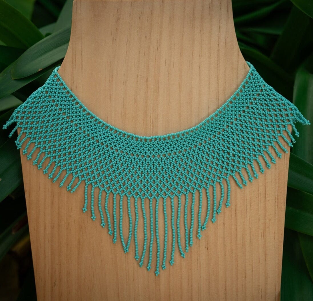Peacock Eyelet beaded choker fringe Necklace teal native american jewelry Mother Sierra 