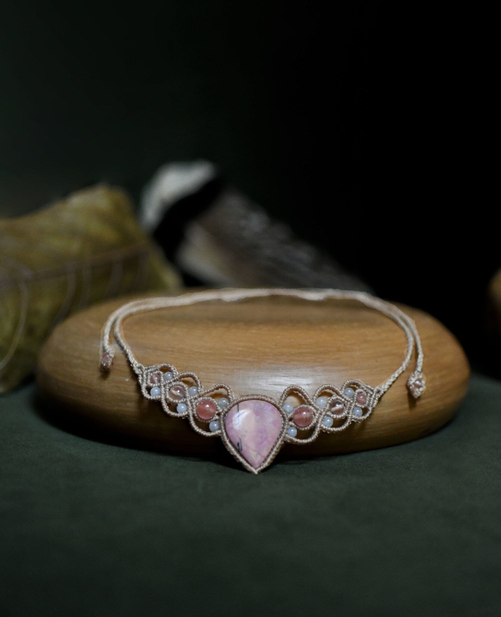 Pink Moonstone Macrame Necklace bracelet Mother Sierra 