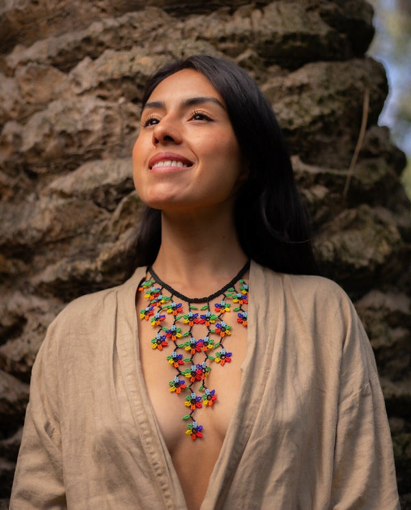 rainbow beaded florecitas necklace choker native american jewelry woman wearing 