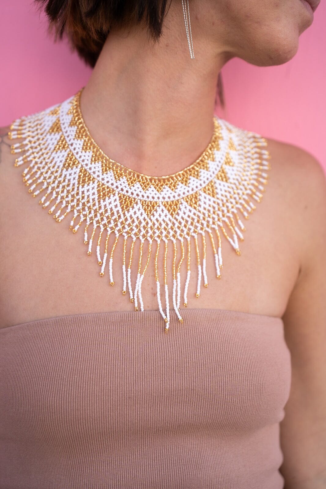 woman wearing Sahara Sands gold white beaded choker Necklace fringe native american jewelry  Mother Sierra 