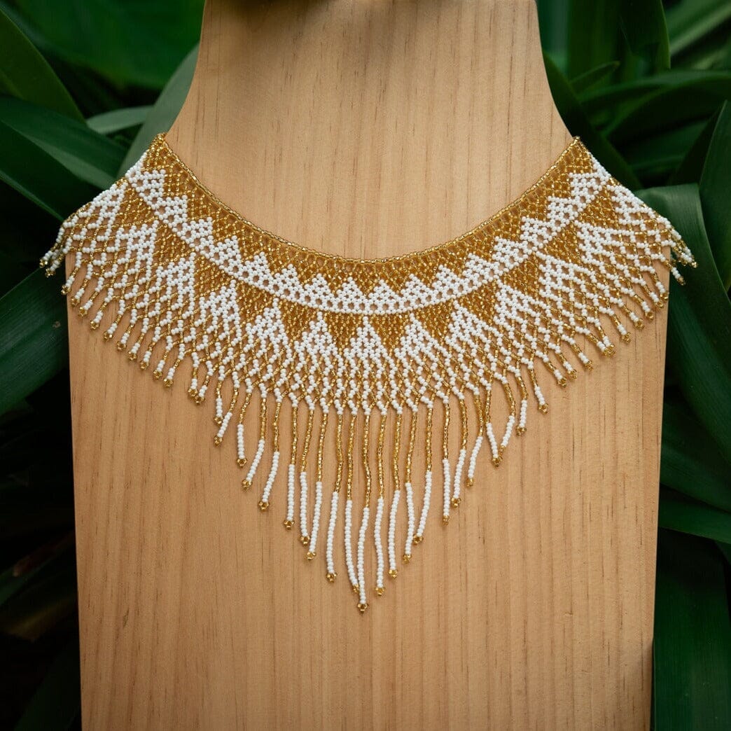 Handmade Sahara Sands gold and white beaded choker Necklace with fringe, featuring native American jewelry by Mother Sierra.