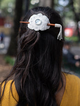 woman wearing snow white pure beaded hair barrette and pin statement piece native american jewelry