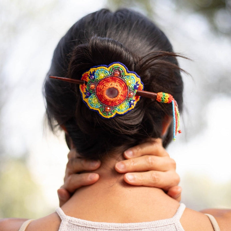 summer rainbow red orange blue green yellow beaded hair barrette and pin statement piece native american jewelry