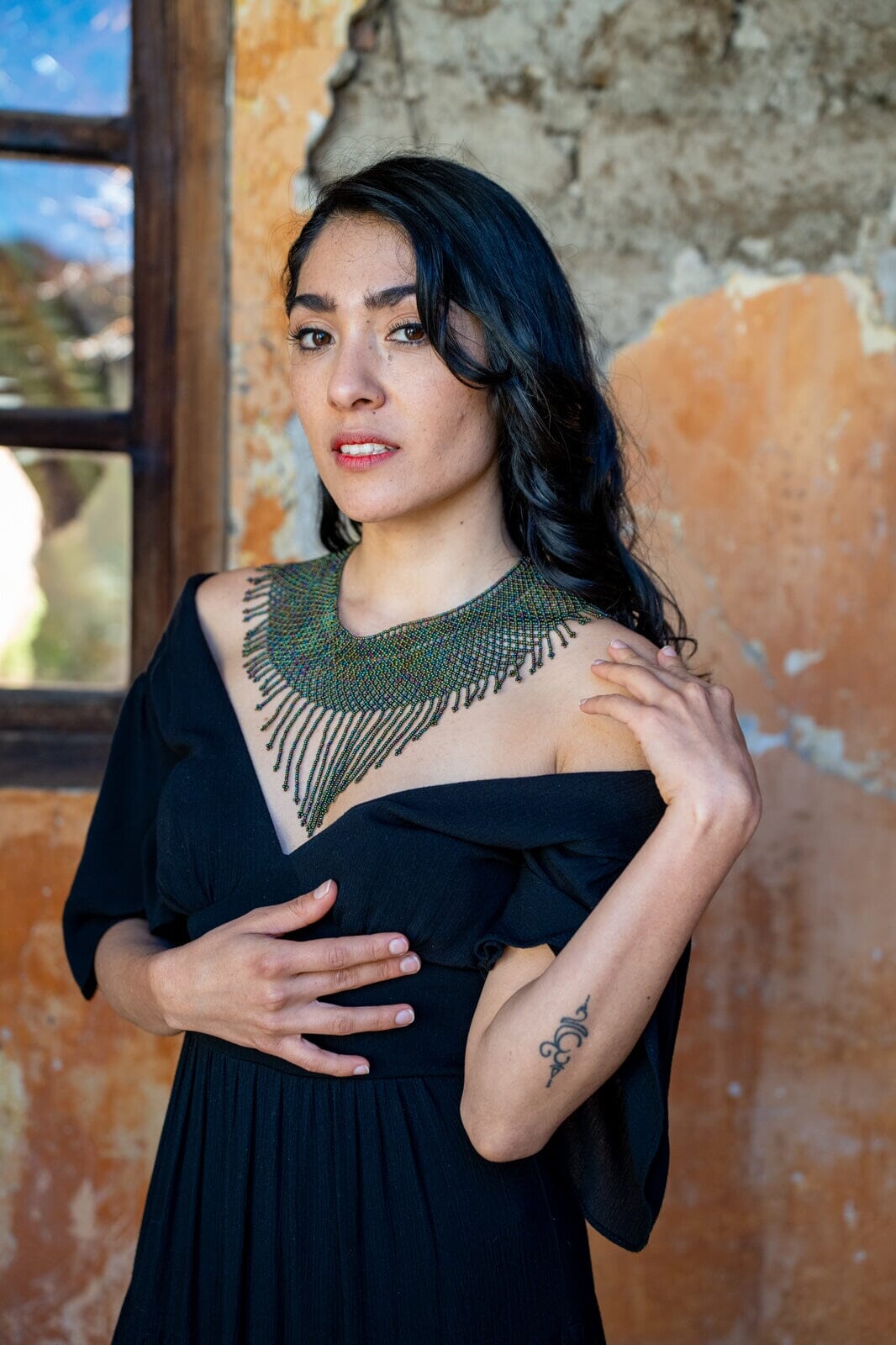 Woman Wearing Tahitian Eyelet Handmade Beaded Choker Necklace Fringe Green Blue Native American Jewelry  Mother Sierra 