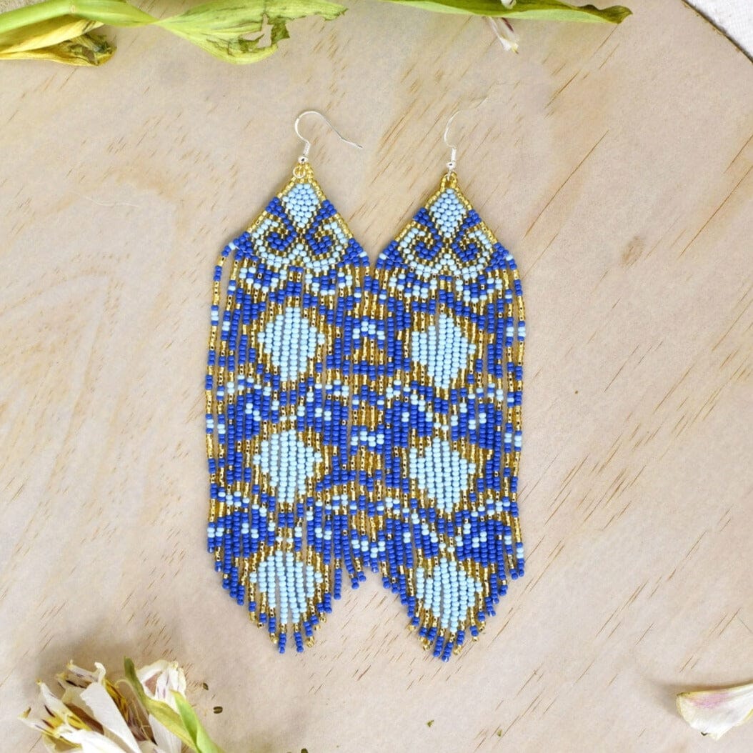 Taj Mahal beaded fringe Earrings blue gold native american jewelry Mother Sierra 