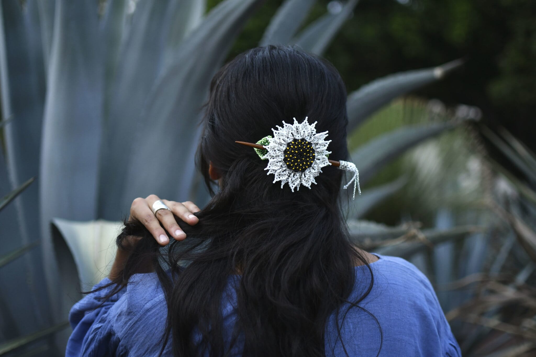 Intricately designed fine beaded hair accessory - White Sunflower Hair Pieces Mother Sierra 