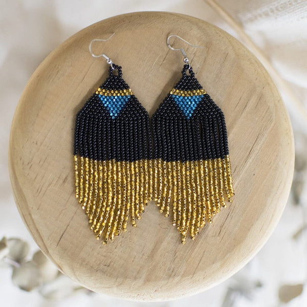 black gold blue pyramid fringe beaded earrings