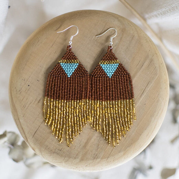 brown gold blue pyramid fringe beaded earrings