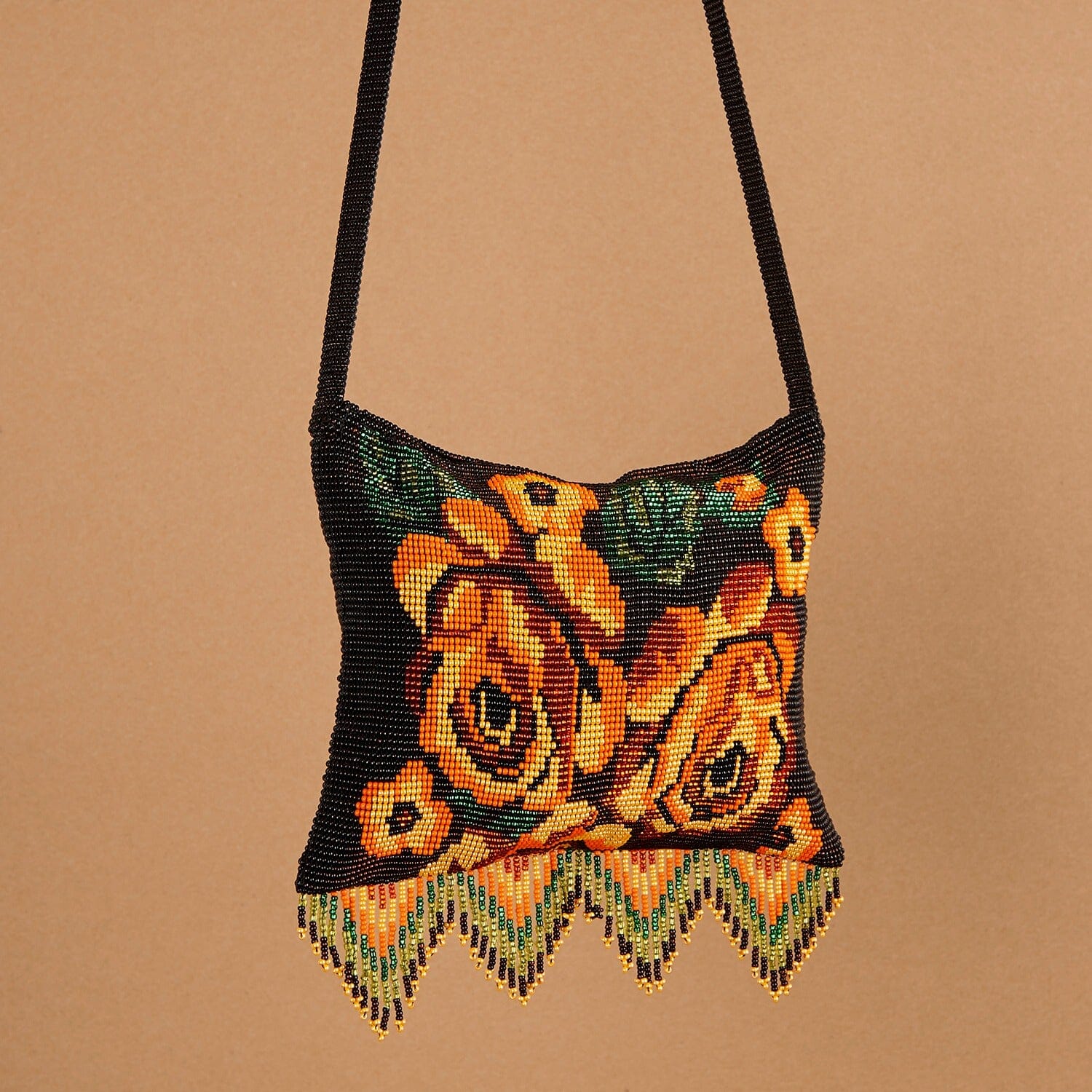 autumn foliage orange green black beaded purse bag fringe native american jewelry