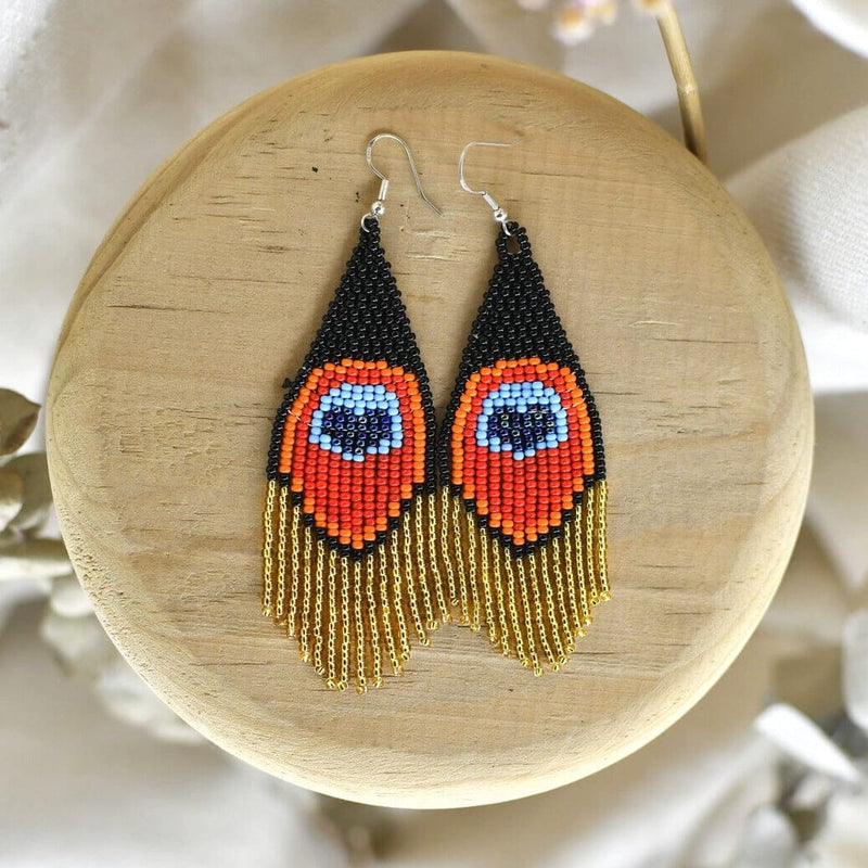 black red blue gold fringe beaded earrings