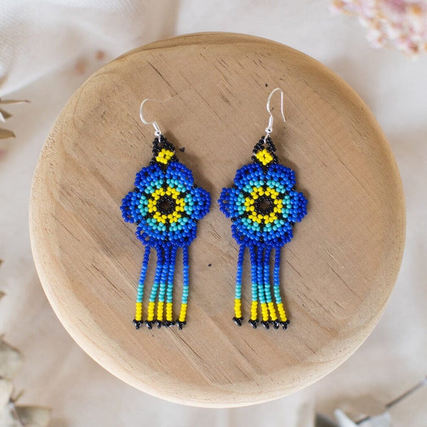 blue yellow blossom beaded earrings