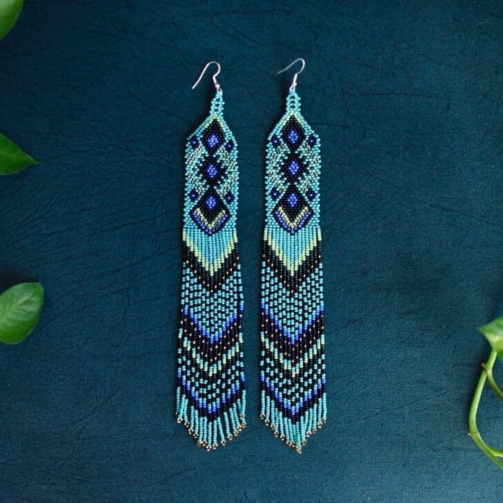 Long Blue fringe handmade Beaded Earrings