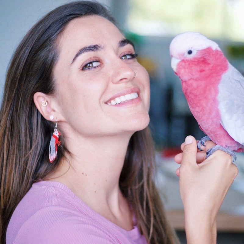 woman wearing pink red gray bogie galah bird earrings and holding bogie the galah bird