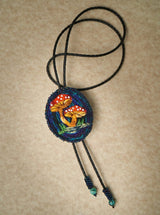 briar patch embroidered mushroom blue black red white orange green beaded Bolo Tie necklace necktie native american jewelry