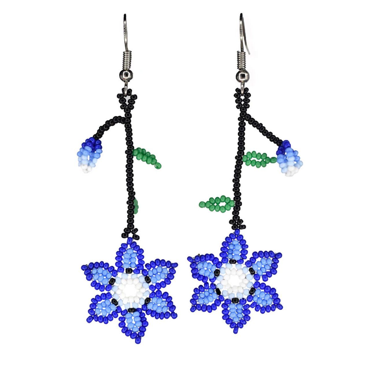 brunnera blue black white green flower dangle handmade beaded earrings