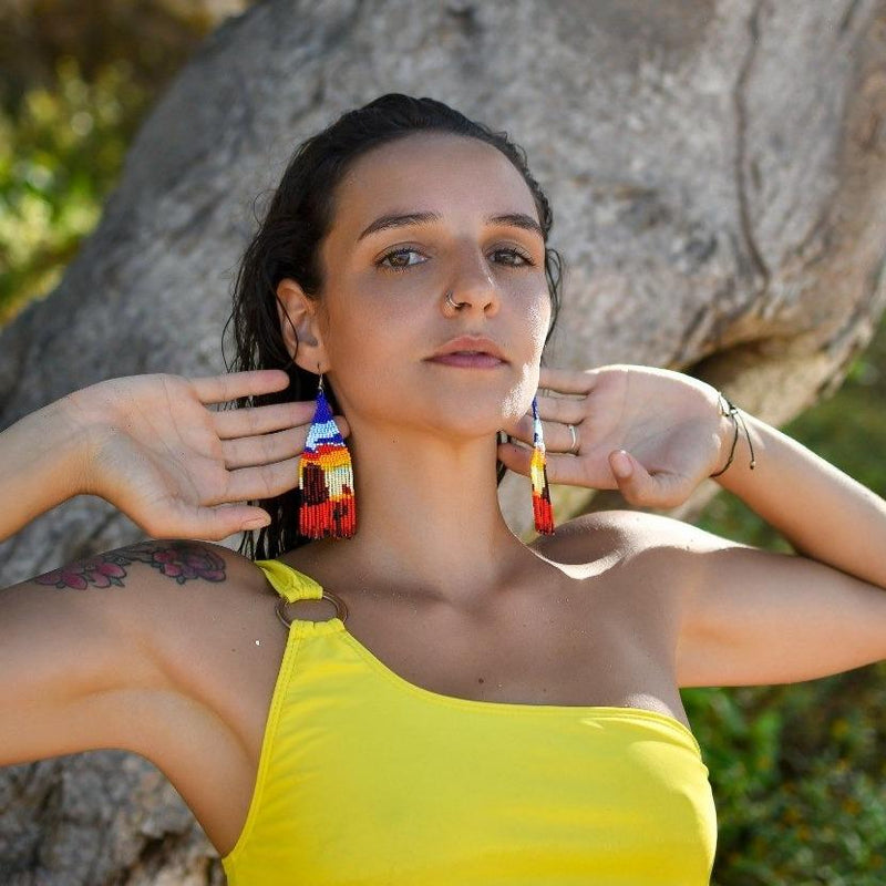 woman wearing cactus in the sonora desert fringe beaded earrings