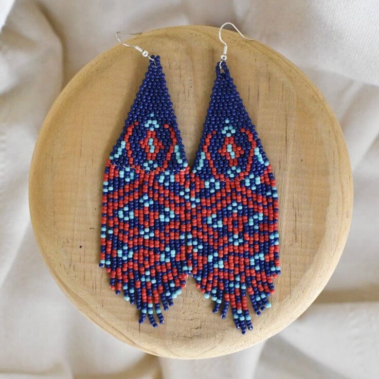 Blue and red chiapas fringe beaded earrings