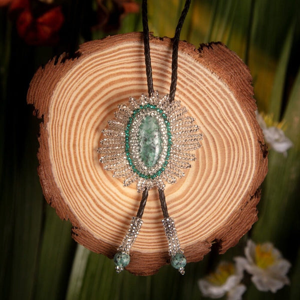 crystal bay teal silver green aventurine beaded Bolo Tie necklace necktie native american jewelry