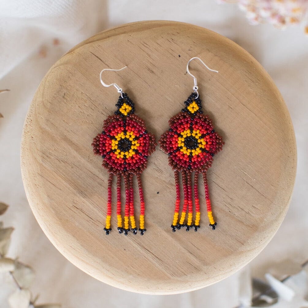 red dahlia handmade beaded earrings by Mother Sierra