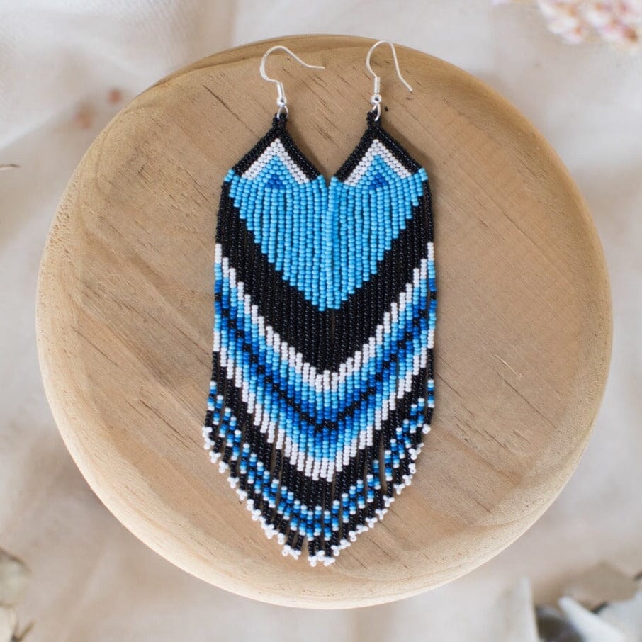 blue black white micro fringe beaded earrings