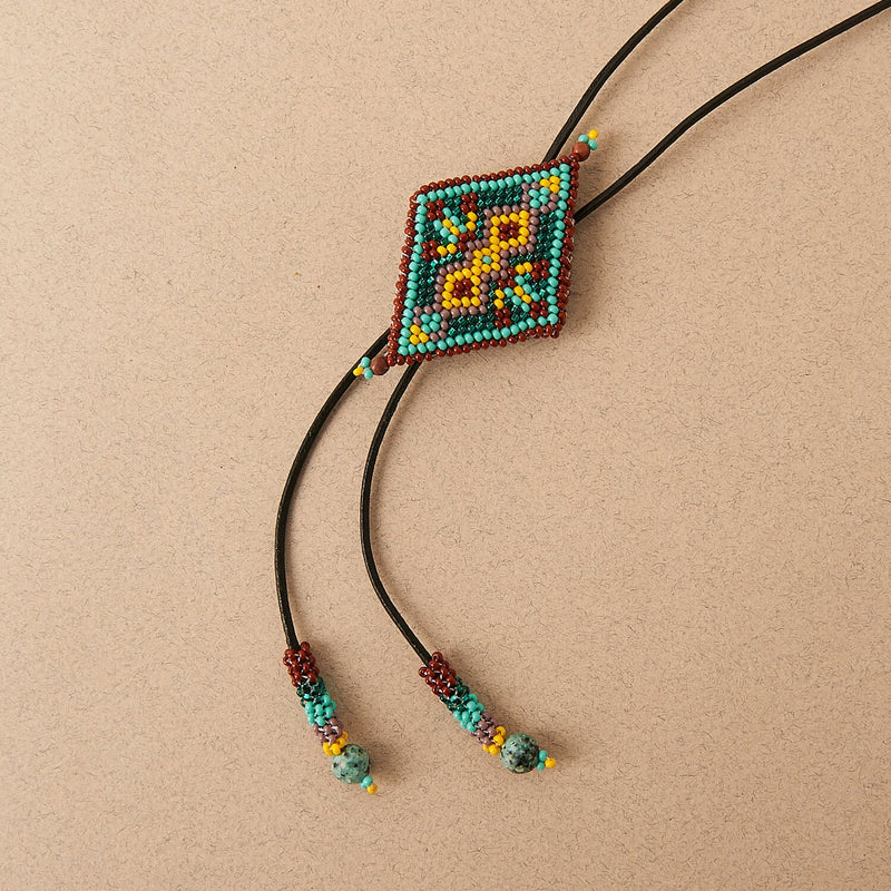 diamond spur beaded bolo tie brown teal yellow necktie necklace native american jewelry