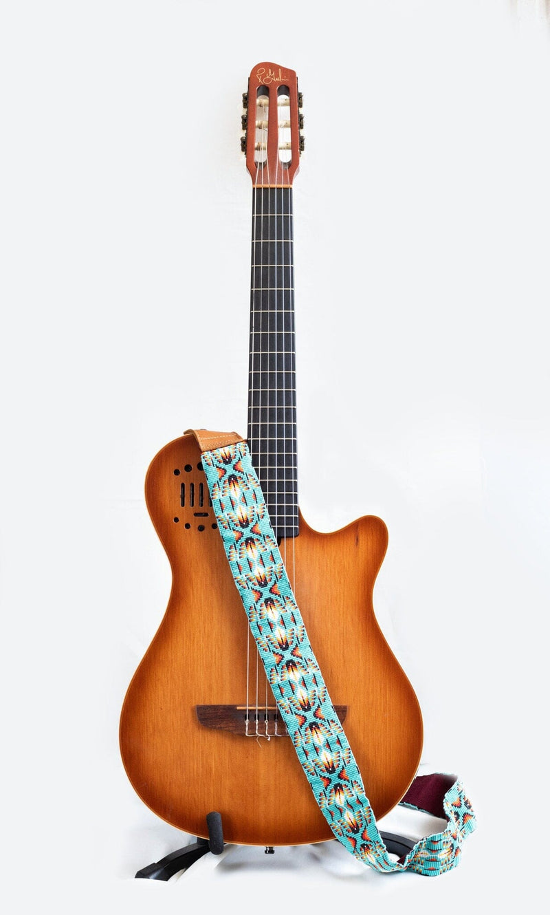 Eagle Feathers beaded Guitar Strap blue orange red white black adjustable on guitar