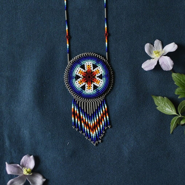 earth blue white orange red gray beaded necklace medicine bag native american jewelry