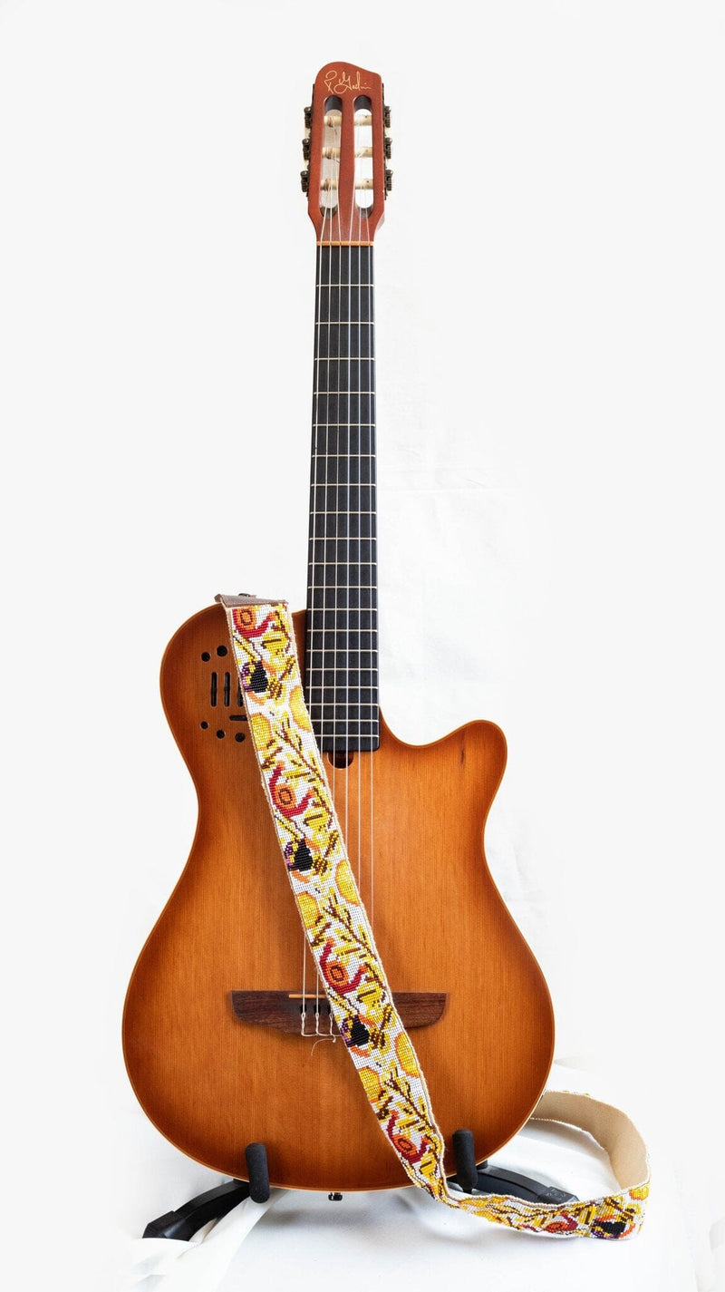El Mercado beaded Guitar strap white yellow brown red orange adjustable leather on guitar 