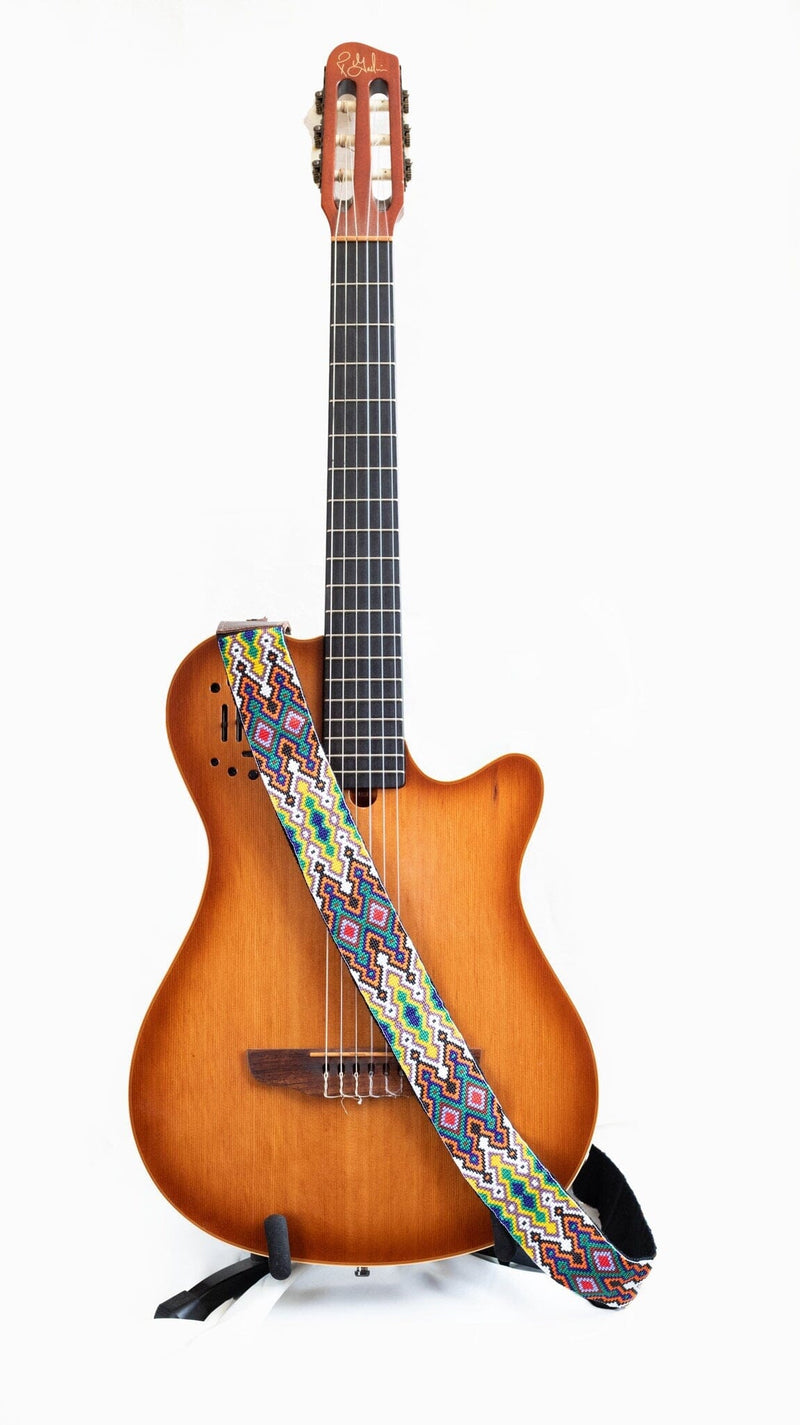Far Out psychedelic beaded Guitar Strap White, Yellow, Orange, Blue, Green, Red, Purple adjustable leather on guitar