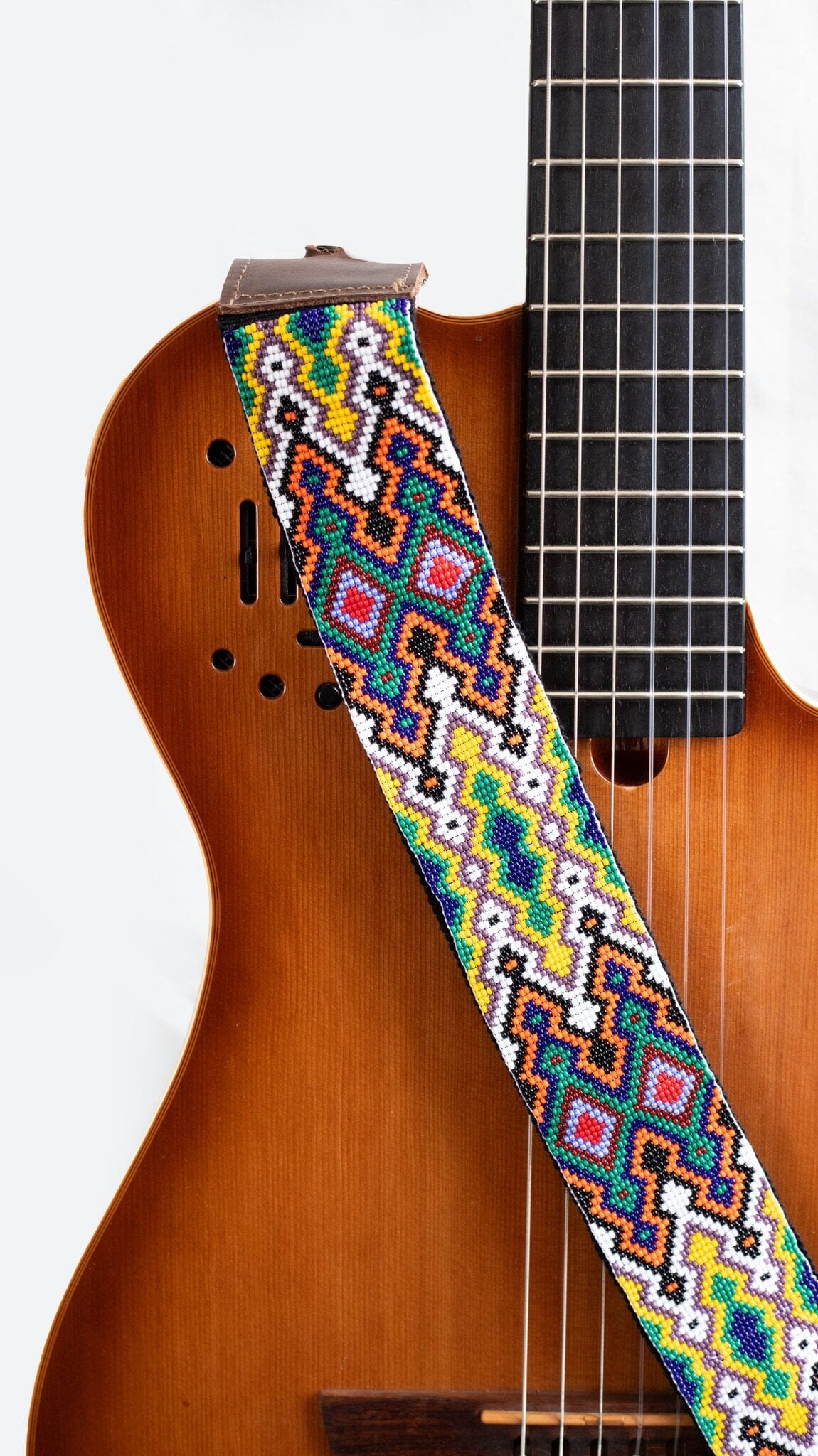 Close Up Far Out Psychedelic Adjustable Leather Beaded Guitar Strap