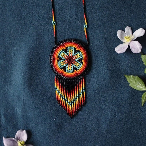 fire red orange yellow black teal beaded necklace medicine bag native american jewelry