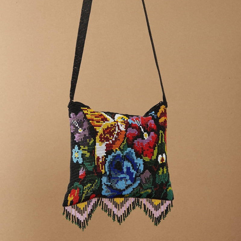 garden Black, Yellow, Blue, Red, Green hummingbird beaded purse bag fringe