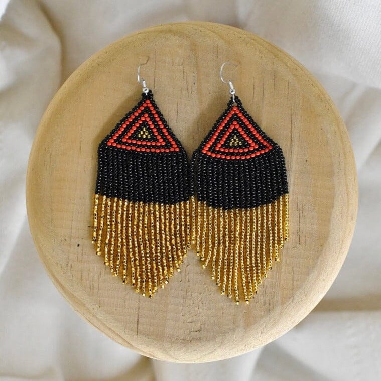 black gold red pyramid fringe beaded earrings