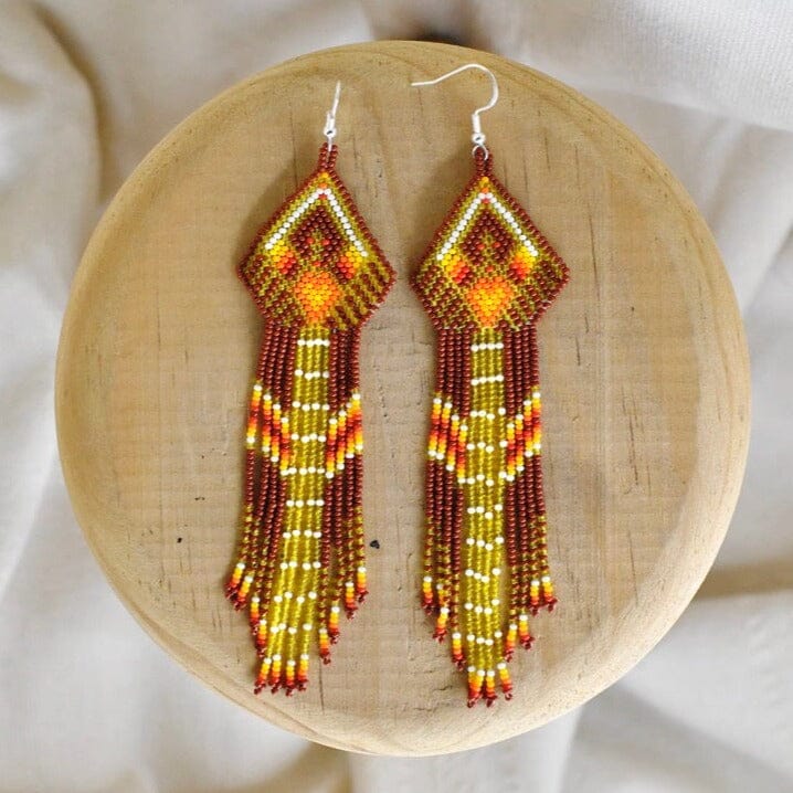 golden brown fringe native american beaded earrings