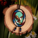 hunter eagle brown aventurine teal white blue beaded Bolo Tie necklace necktie embroidered native american jewelry