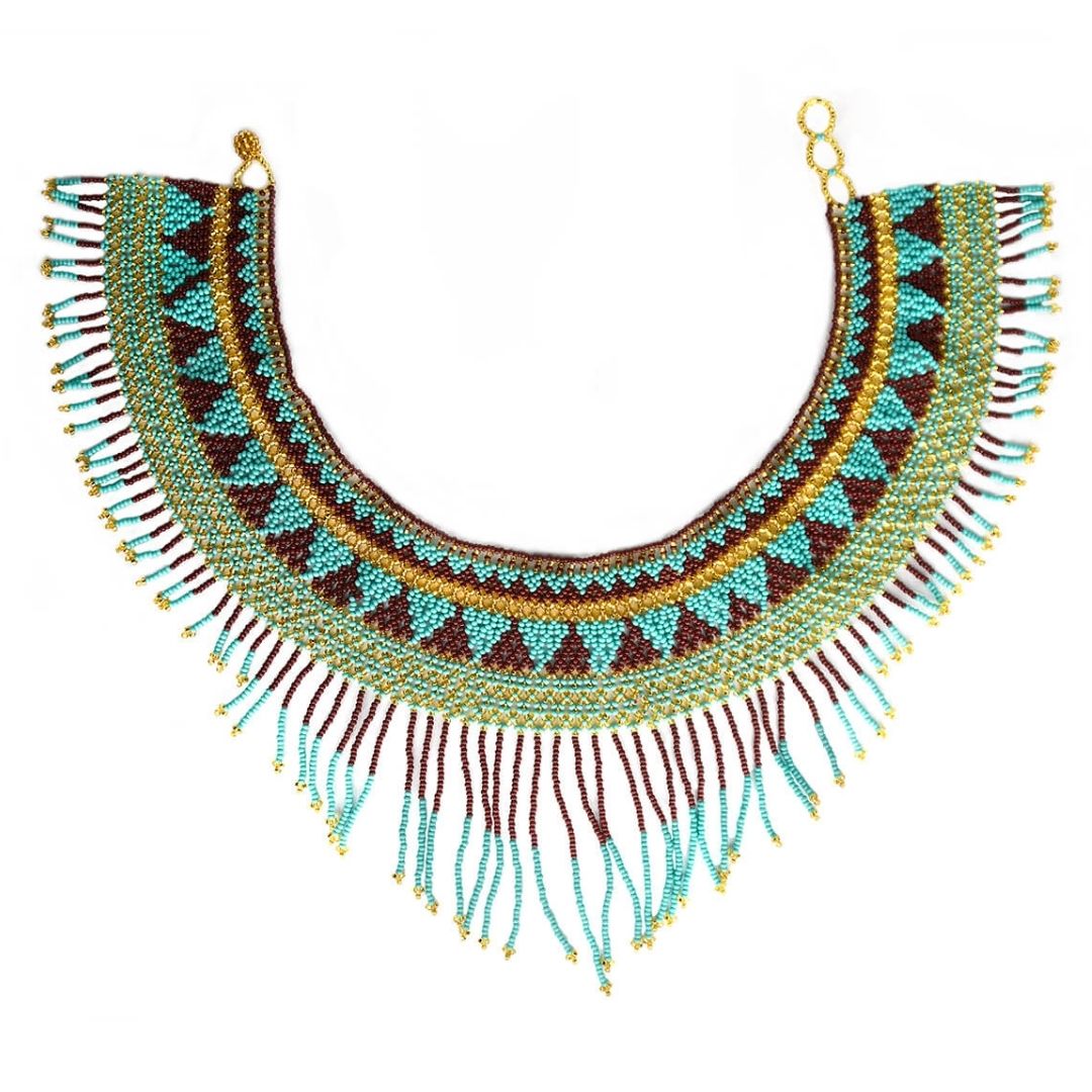 jade green teal gold brown beaded choker necklace fringe native american jewelry