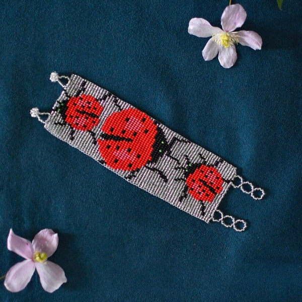Lady Bug vibrant silver red black beaded bracelet cuff